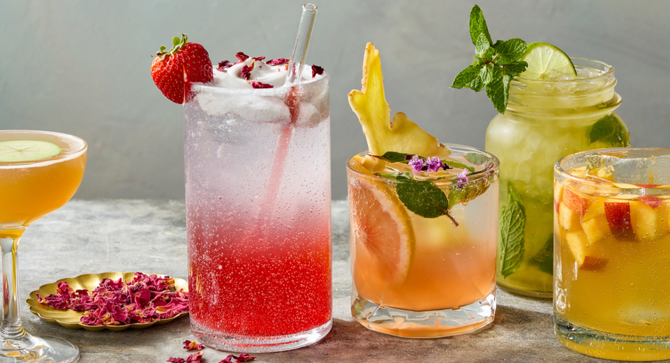 Seven Summer Time Mocktails photographed on marble table