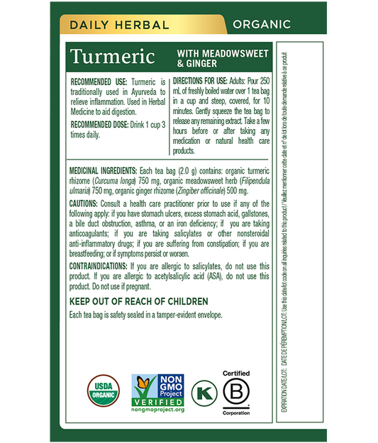 Tisane biologique au curcuma, à la reine-des-prés et au gingembre