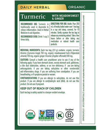 Tisane biologique au curcuma, à la reine-des-prés et au gingembre