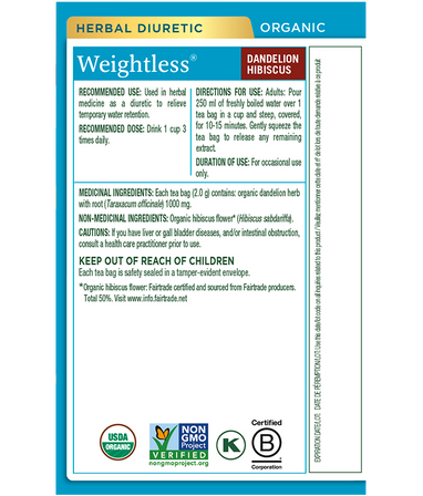 Herbal diuretic tea package with label and certification logos.