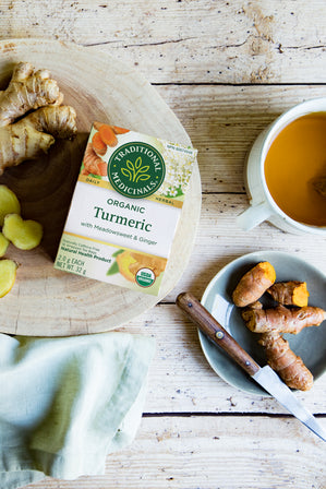 Tisane biologique au curcuma, à la reine-des-prés et au gingembre